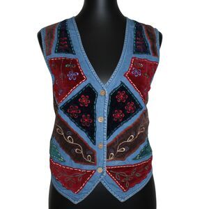 Vintage Tantrum Blues Patchwork Denim Vest 90s Boho Embroidered Tie Back Medium
